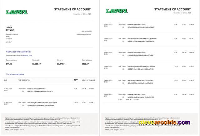 UK Lemfi account statement Word and PDF, 2 pages